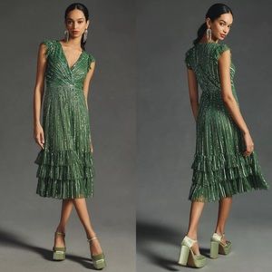 New Mac Duggal Anthropologie Sequin Ruffle Hem Midi Dress